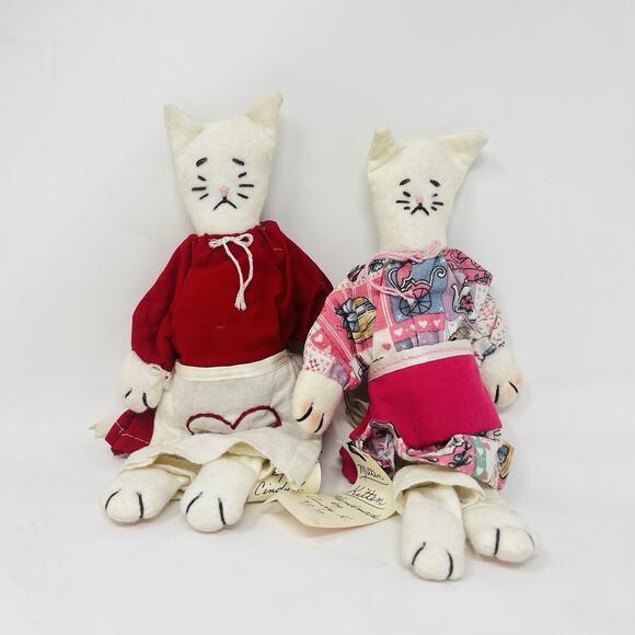 Handmade Canvas Folk Art Cat Stuffed Plush Kitty w/ clothes 10" Mitten Kittens - Picture 1 of 4